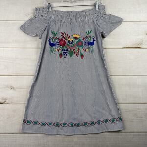 Judith March Dress Sz S Blue Stripe Embroidered Peasant Floral Boho Off Shoulder